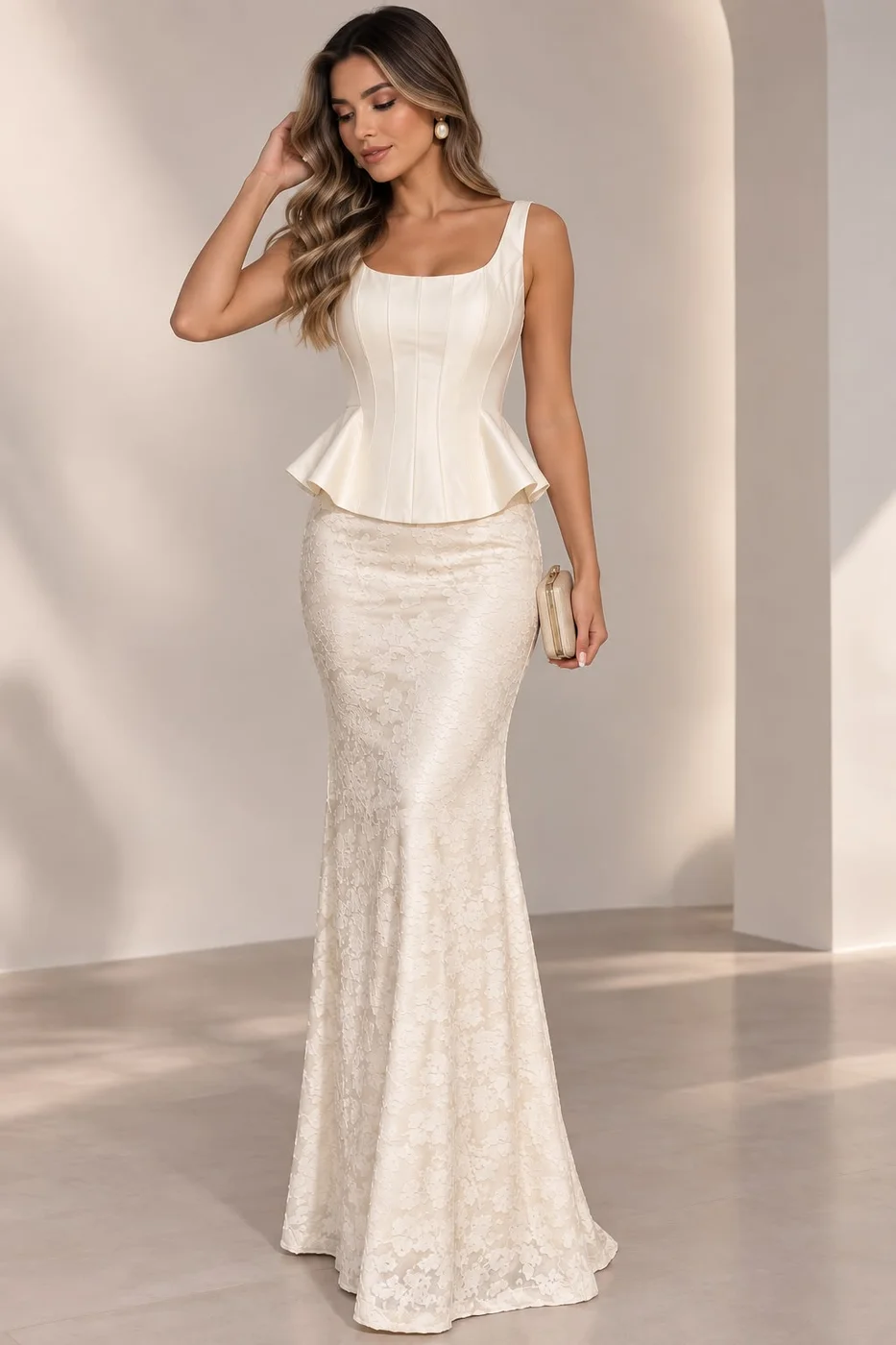 Conjunto Monocromático de Top Peplum y Falda Maxi Texturizada