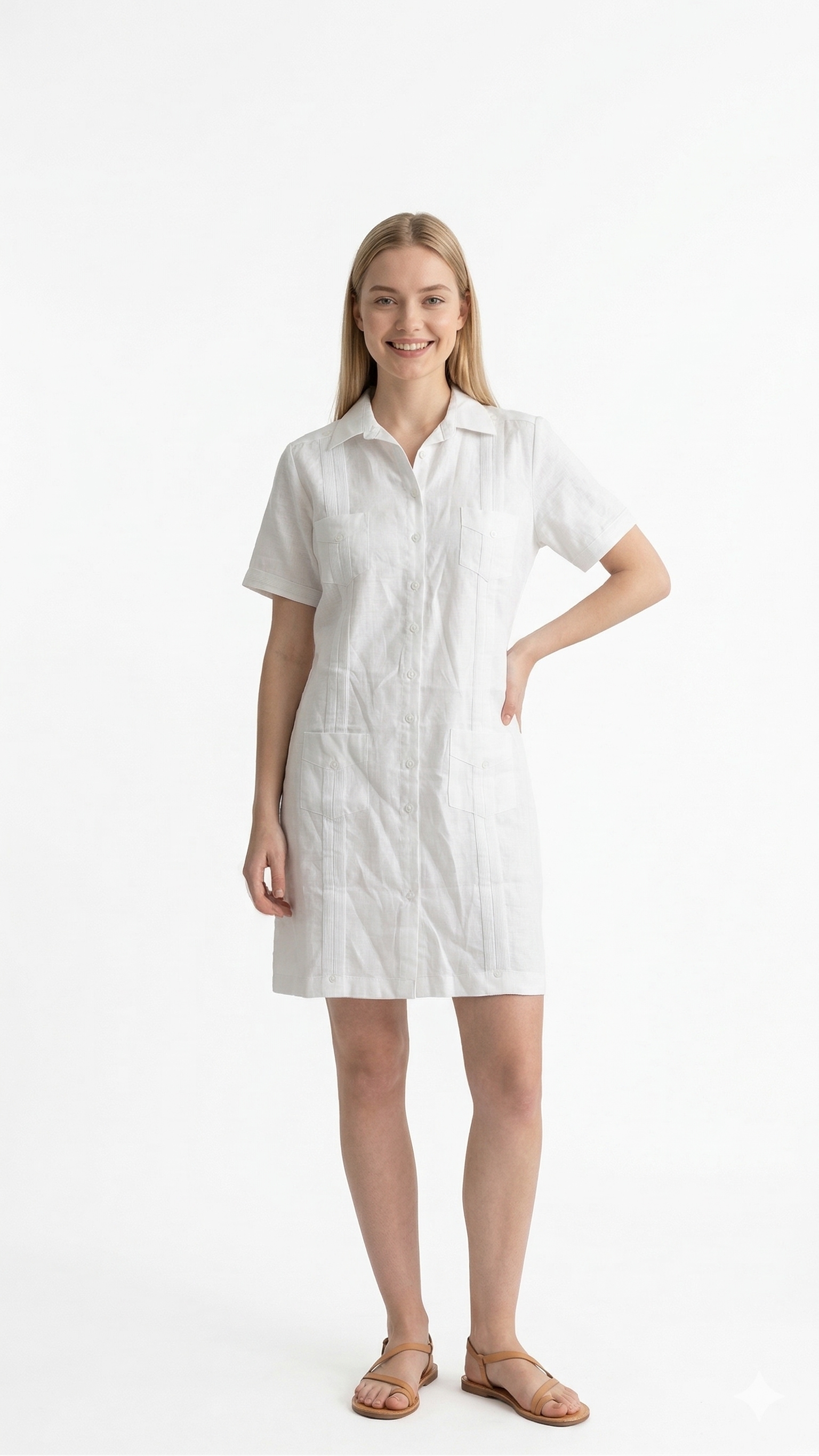Vestido Camisero Tipo Guayabera en Lino Blanco Premuim