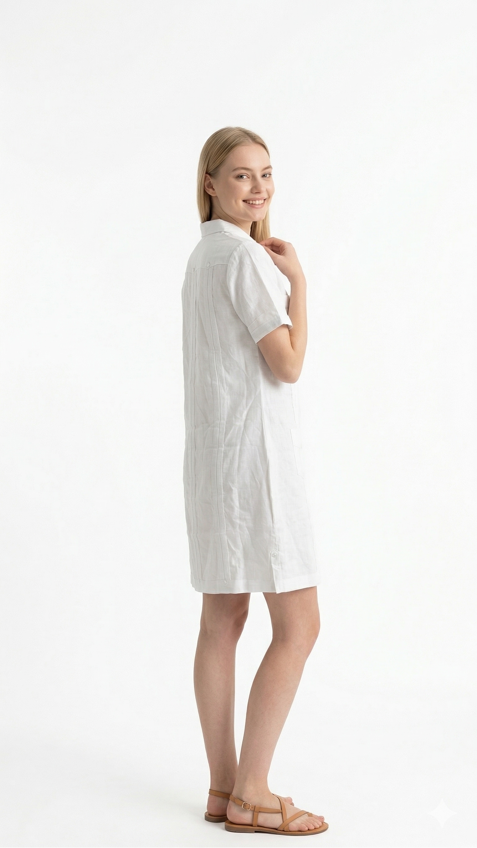 Vestido Camisero Tipo Guayabera en Lino Blanco Premuim