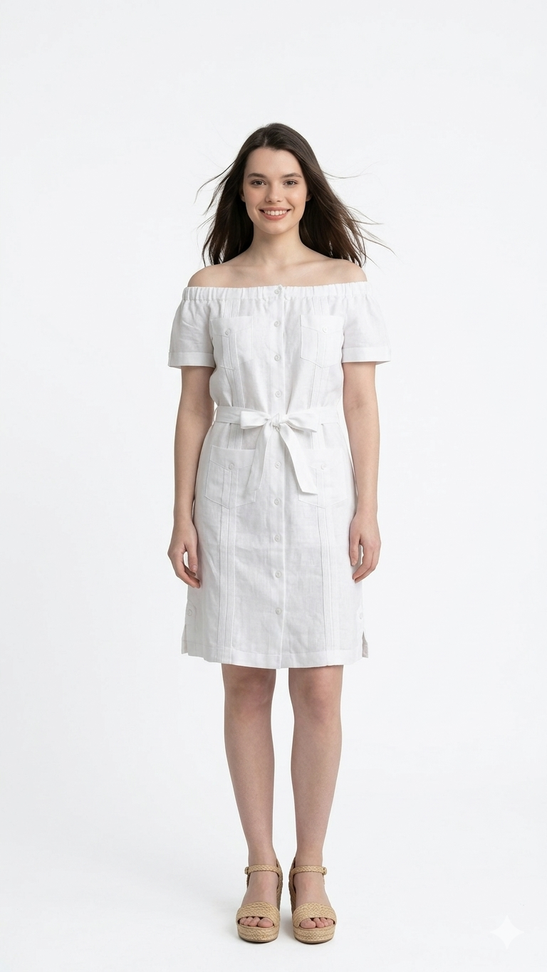 Vestido Guayabera Off-Shoulder en Lino con Cinturón Ajustable