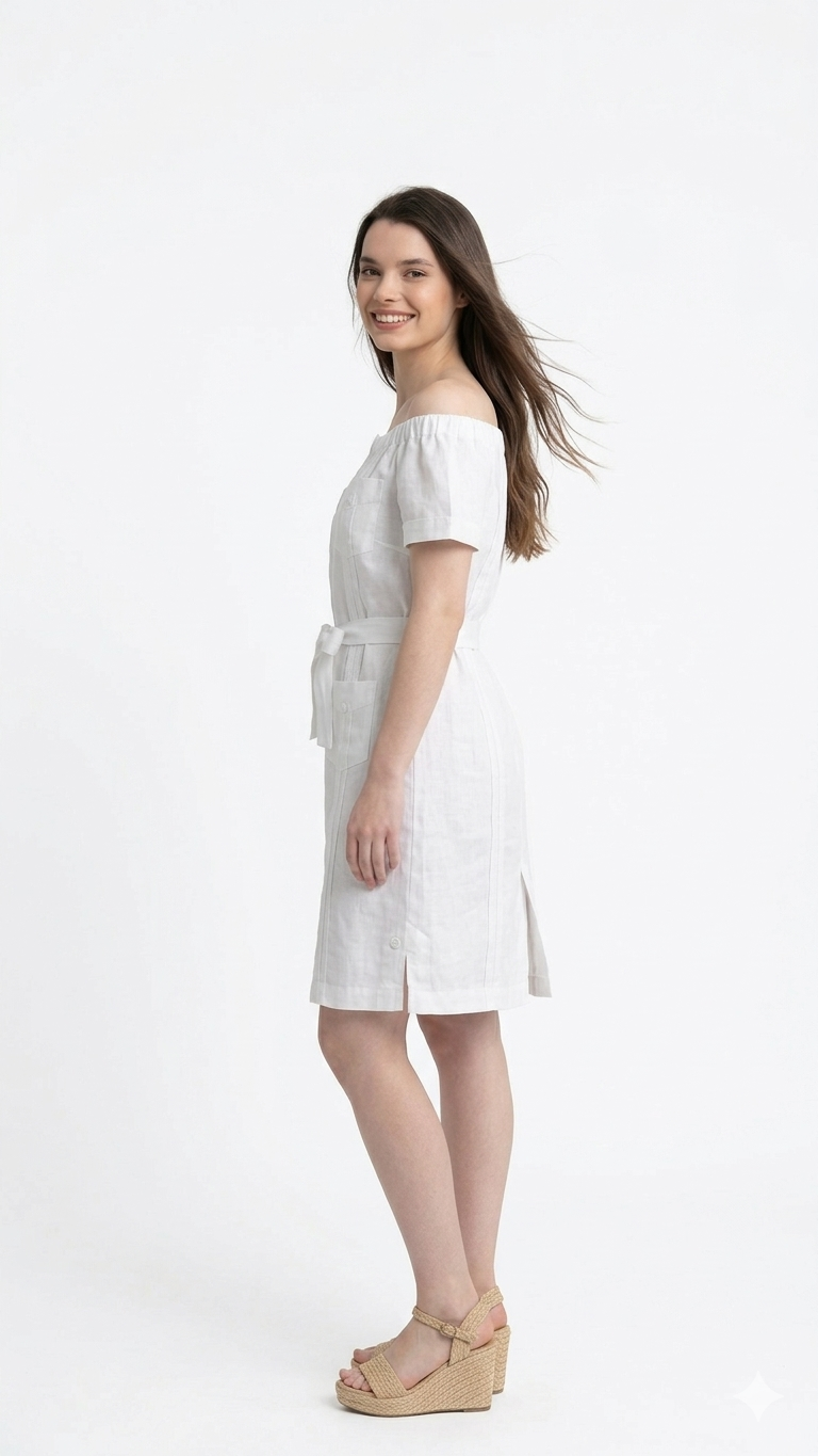Vestido Guayabera Off-Shoulder en Lino con Cinturón Ajustable
