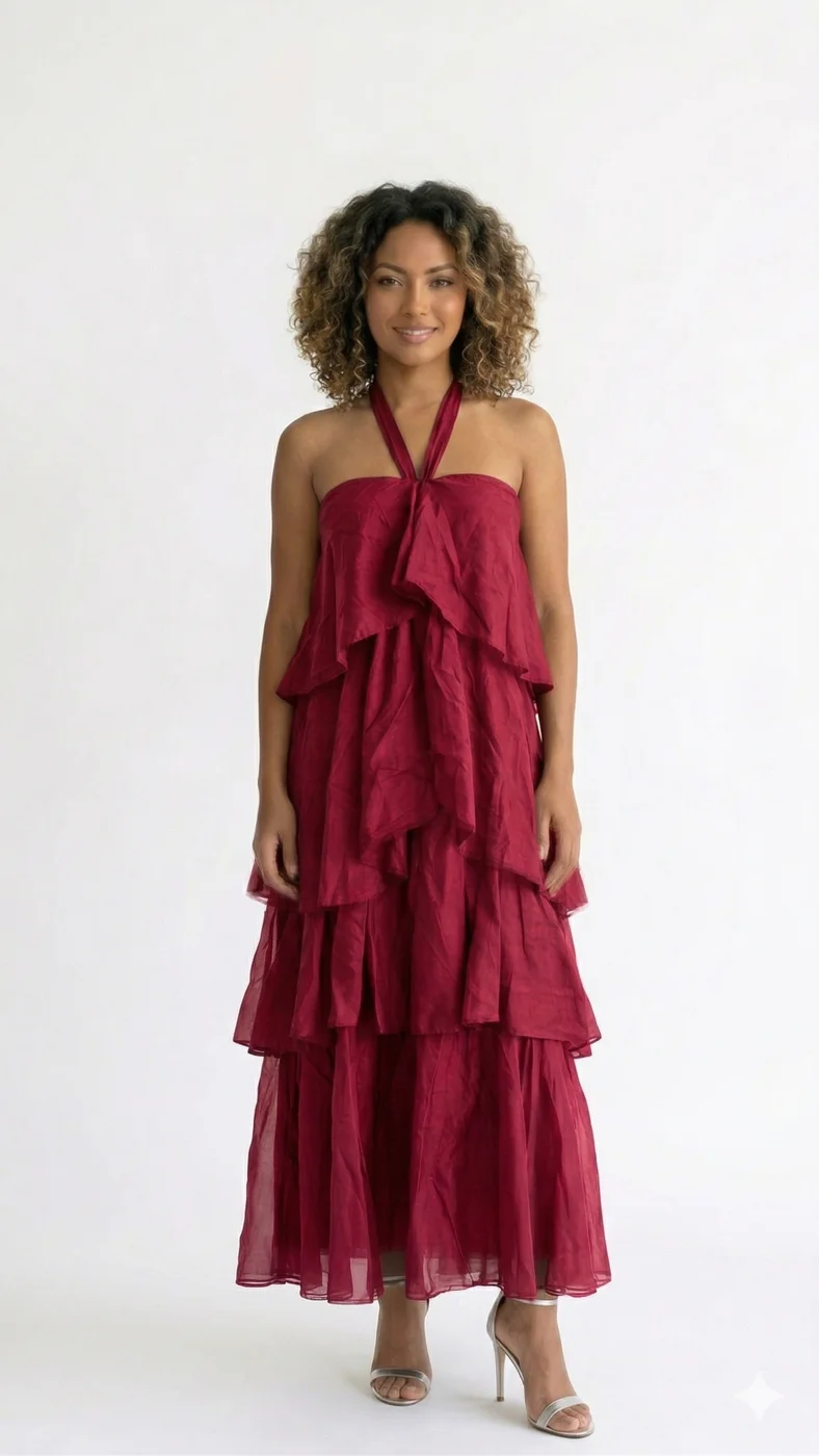 Vestido Midi de Gasa Escarlata con Cuello Halter y Volantes en Cascada