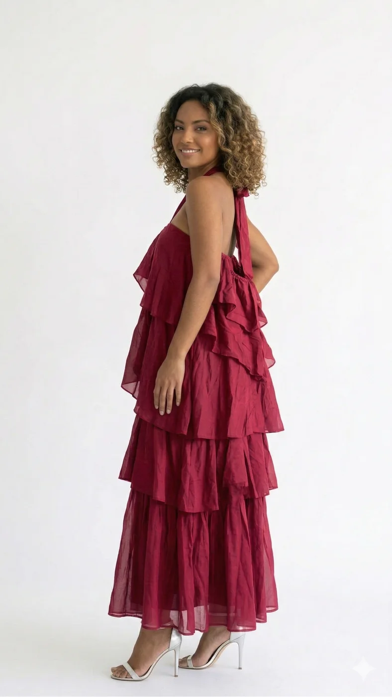 Vestido Midi de Gasa Escarlata con Cuello Halter y Volantes en Cascada