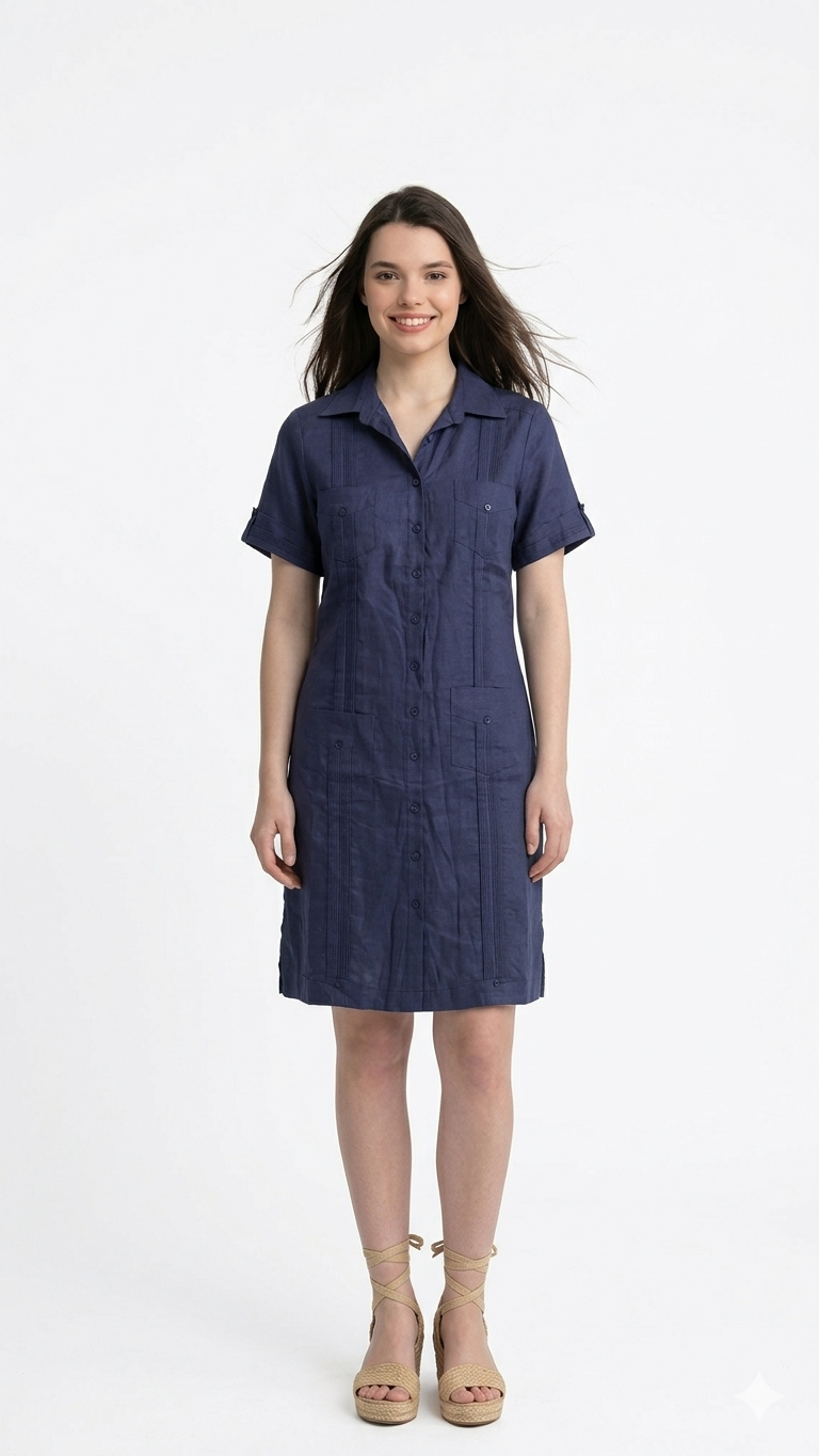 Vestido Camisero Tipo Guayabera en Lino Azul Marino
