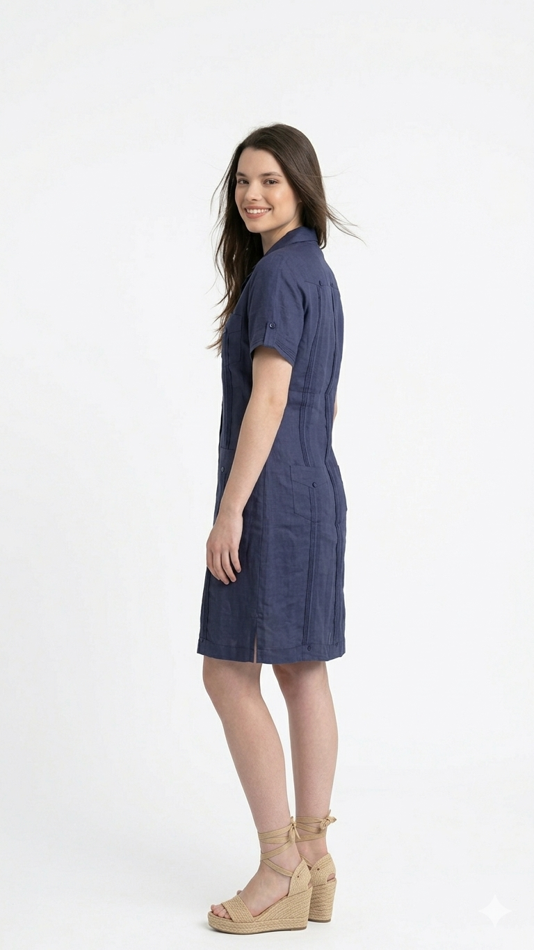 Vestido Camisero Tipo Guayabera en Lino Azul Marino