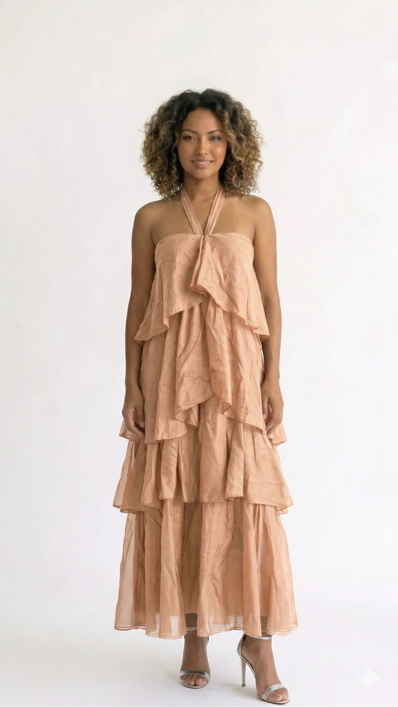 Vestido Midi de Gasa con Volantes en Cascada y Cuello Halter Nude