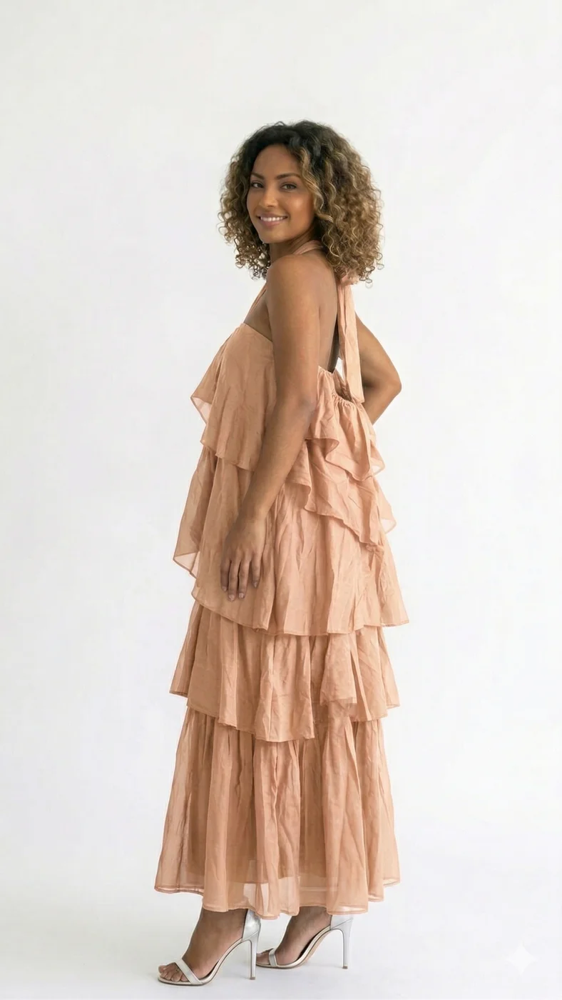 Vestido Midi de Gasa con Volantes en Cascada y Cuello Halter Nude